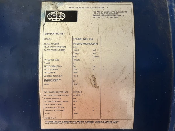 Used FG Wilson Perkins 1875kVA 1500kW Diesel Generator XP150014 - Image 7