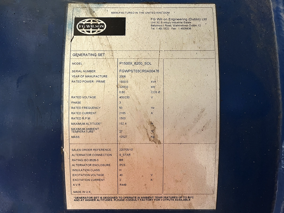 Used FG Wilson Perkins 1875kVA 1500kW Diesel Generator XP150014 - Image 7