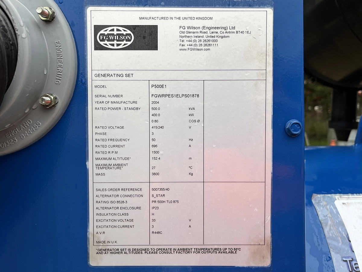 Used FG Wilson Perkins 500kVA 400kW Diesel Generator XP550119 - Image 9